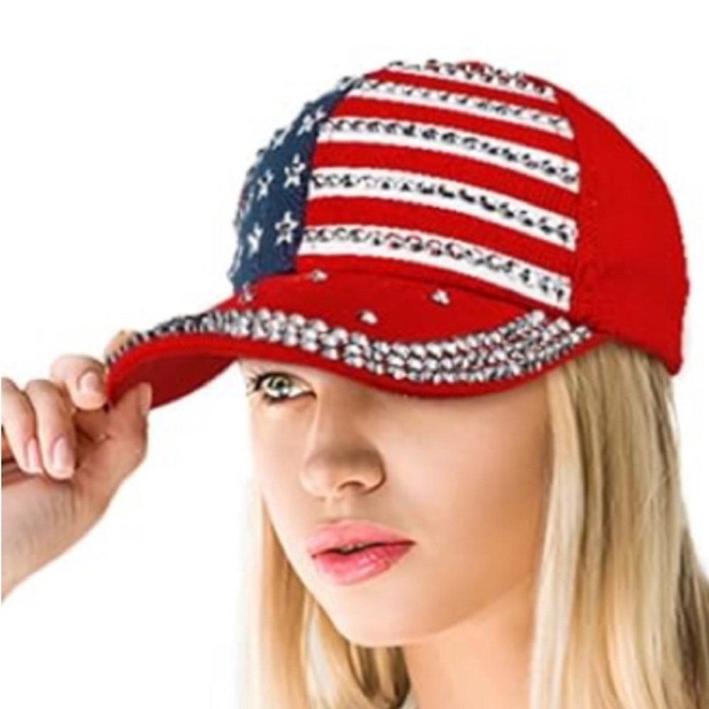 Patriotic American Flag Adjustable Cap with Rhinestones